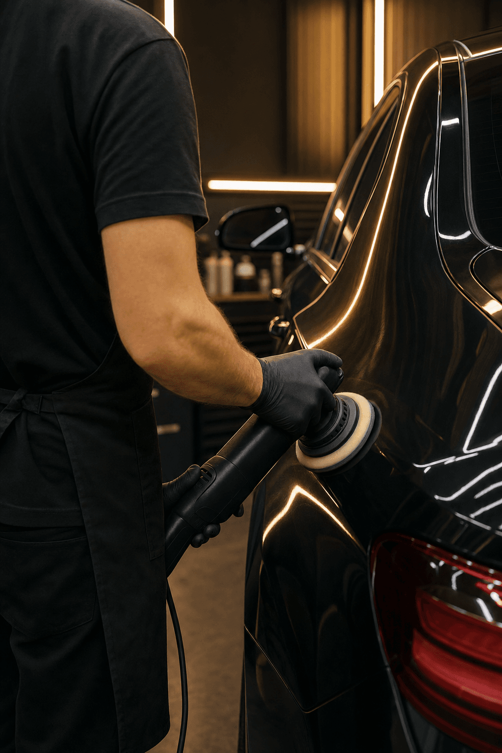 Machine polishing the glossy panel of a car during a professional detail